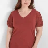 The Tee Shop^Lane Bryant Blouson Woven-Sleeve V-Neck Tee Brandy