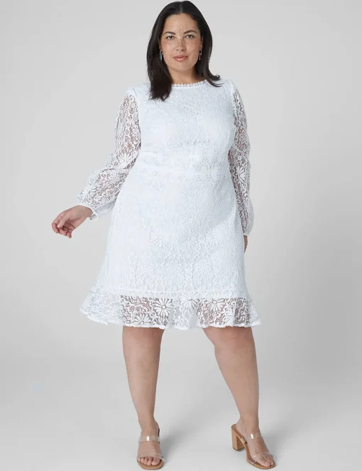 Occasion^Lane Bryant Blouson-Sleeve Boatneck Lace Dress White