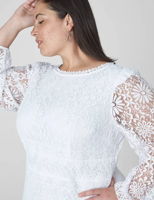 Occasion^Lane Bryant Blouson-Sleeve Boatneck Lace Dress White