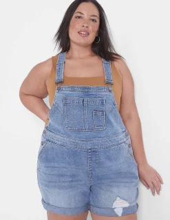 Crops, Capris And Shorts^Lane Bryant Boyfriend Short Denim Overalls Light Denim