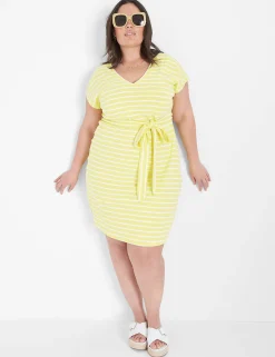 Maxi & Midi^Lane Bryant Cap-Sleeve Belted Midi Dress Yellow & White Stripe