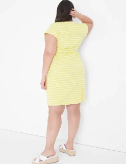 Maxi & Midi^Lane Bryant Cap-Sleeve Belted Midi Dress Yellow & White Stripe