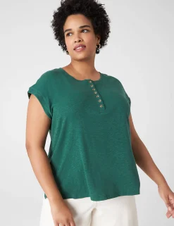 Knit Tops^Lane Bryant Cap-Sleeve Crew-Neck Henley Tee Hunter Green