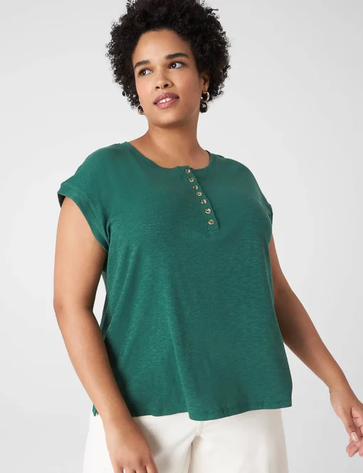 Knit Tops^Lane Bryant Cap-Sleeve Crew-Neck Henley Tee Hunter Green