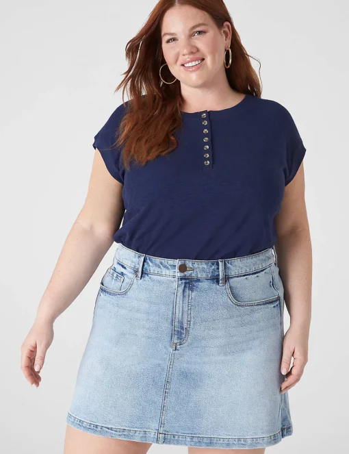 Knit Tops^Lane Bryant Cap-Sleeve Crew-Neck Henley Tee Maritime Blue