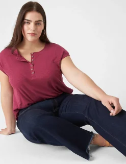 Knit Tops^Lane Bryant Cap-Sleeve Crew-Neck Henley Tee Burgundy