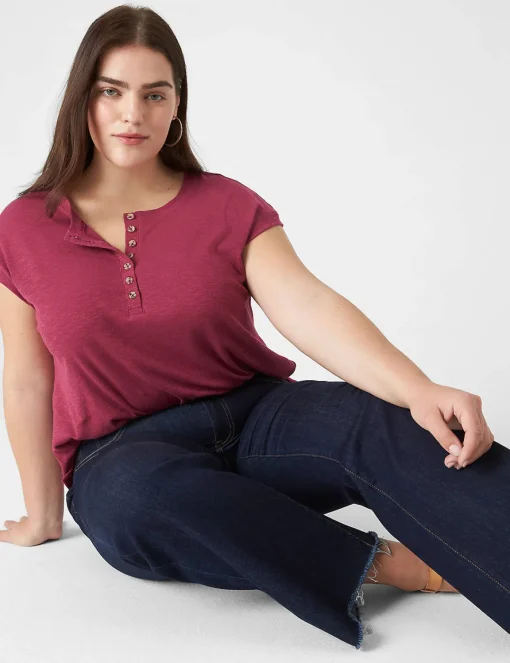 Knit Tops^Lane Bryant Cap-Sleeve Crew-Neck Henley Tee Burgundy