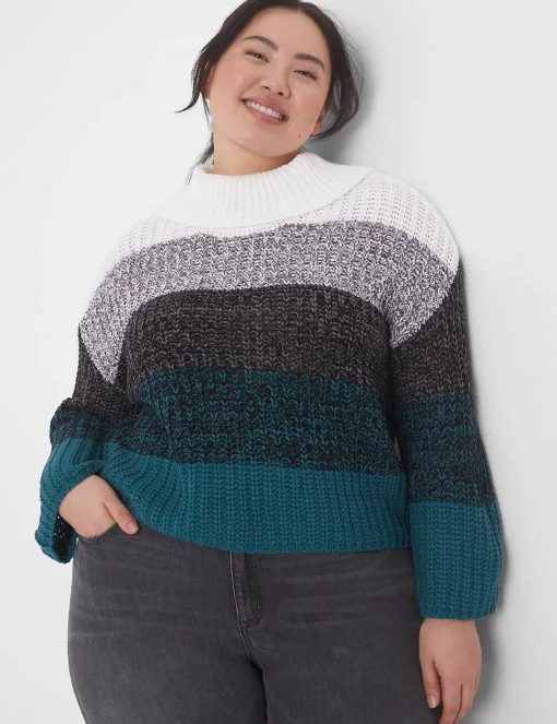 Sweaters^Lane Bryant Classic Bracelet-Sleeve Turtleneck Stripe Sweater Multi Stripe