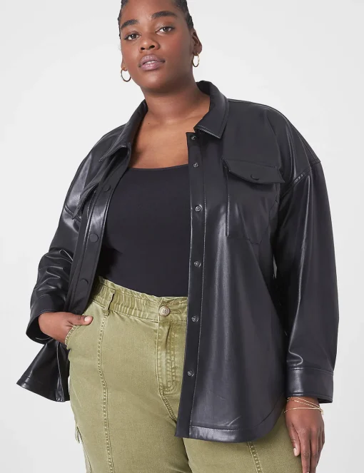 Jackets^Lane Bryant Classic Button-Front Faux-Leather Shacket Black
