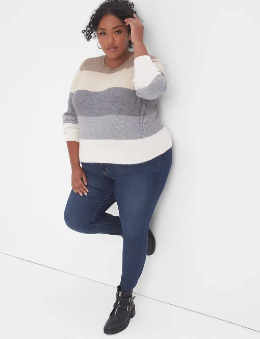 Sweaters^Lane Bryant Classic Crew-Neck Striped Pullover Sweater Oatmeal