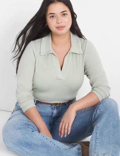 Knit Tops^Lane Bryant Classic Crop V-Neck Polo Rib Tee Desert Sage