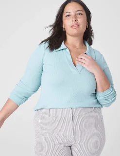 Knit Tops^Lane Bryant Classic Crop V-Neck Polo Rib Tee Aquifer