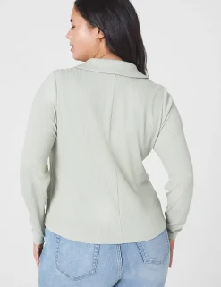 Knit Tops^Lane Bryant Classic Crop V-Neck Polo Rib Tee Desert Sage