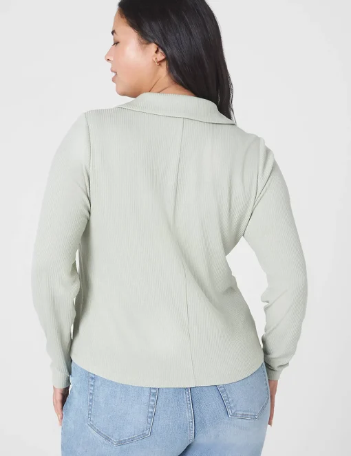 Knit Tops^Lane Bryant Classic Crop V-Neck Polo Rib Tee Desert Sage