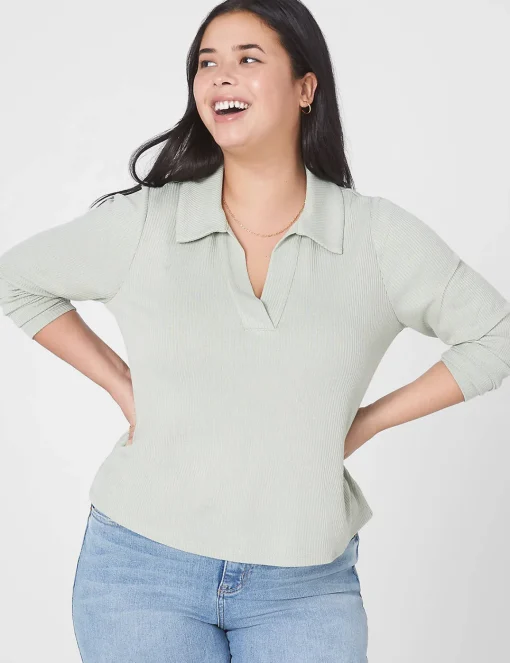 Knit Tops^Lane Bryant Classic Crop V-Neck Polo Rib Tee Desert Sage