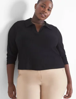 Knit Tops^Lane Bryant Classic Crop V-Neck Polo Rib Tee Black