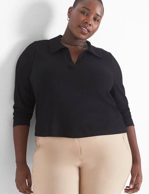 Knit Tops^Lane Bryant Classic Crop V-Neck Polo Rib Tee Black
