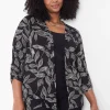 Cardigans^Lane Bryant Classic Ruched-Sleeve Open-Front Overpiece Black Leaves
