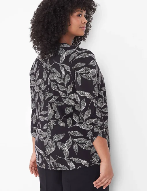 Cardigans^Lane Bryant Classic Ruched-Sleeve Open-Front Overpiece Black Leaves