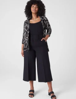 Cardigans^Lane Bryant Classic Ruched-Sleeve Open-Front Overpiece Black Leaves