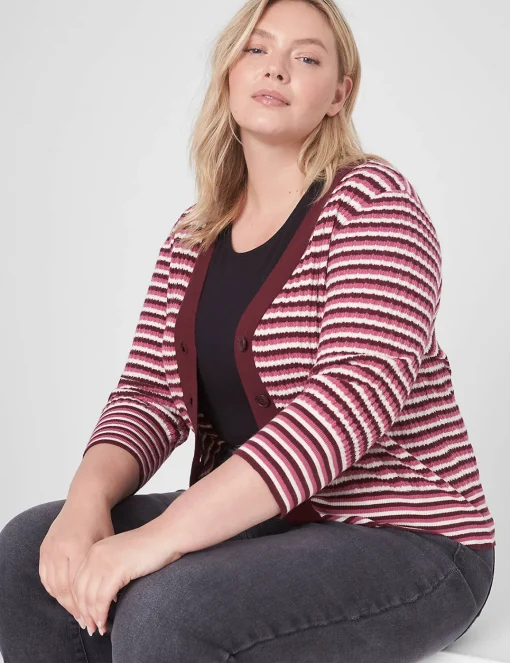 Cardigans^Lane Bryant Classic 3/4-Sleeve V-Neck Button-Front Cardigan - Stripe Red