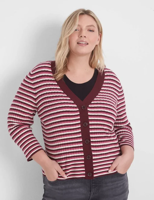 Cardigans^Lane Bryant Classic 3/4-Sleeve V-Neck Button-Front Cardigan - Stripe Red