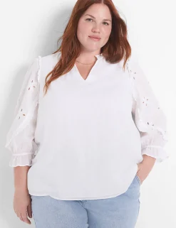 Shirts & Blouses^Lane Bryant Classic Split-Neck Eyelet Mix Top White