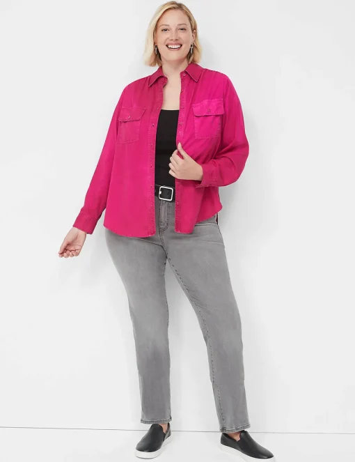 Shirts & Blouses^Lane Bryant Collared Button-Down Camp Shirt Fuchsia