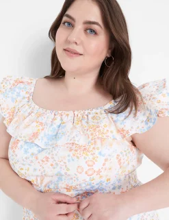 Date Night^Lane Bryant Convertible Neckline Double Ruffle Dress Miracle Floral