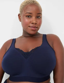 No-Wire Bras And Bralettes^Lane Bryant Cotton Lightly Lined No-Wire Bra With Lace Maritime Blue
