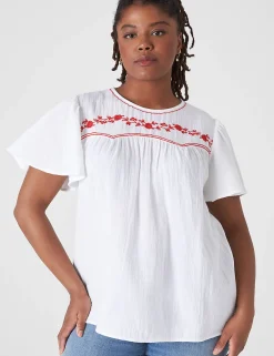 Shirts & Blouses^Lane Bryant Crew-Neck Embroidered Top White