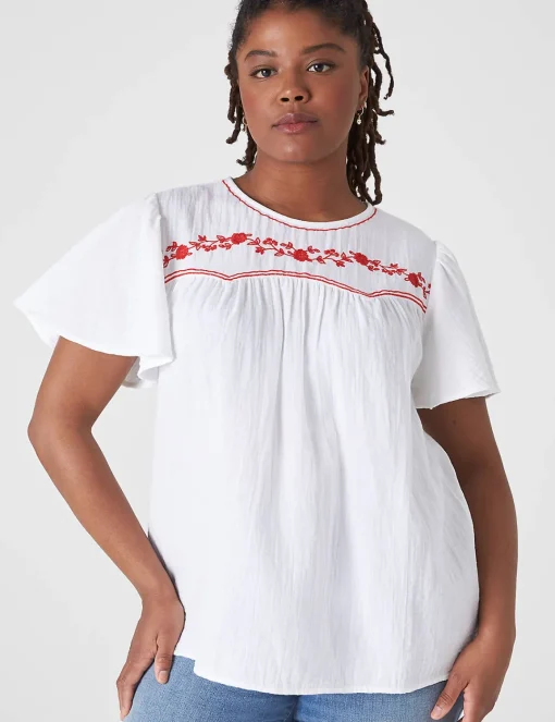 Shirts & Blouses^Lane Bryant Crew-Neck Embroidered Top White