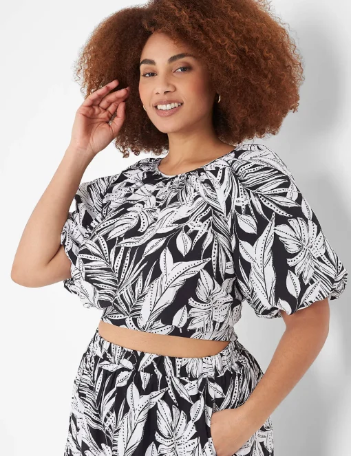 Date Night^Lane Bryant Crop Balloon-Sleeve Top Maui Leaves