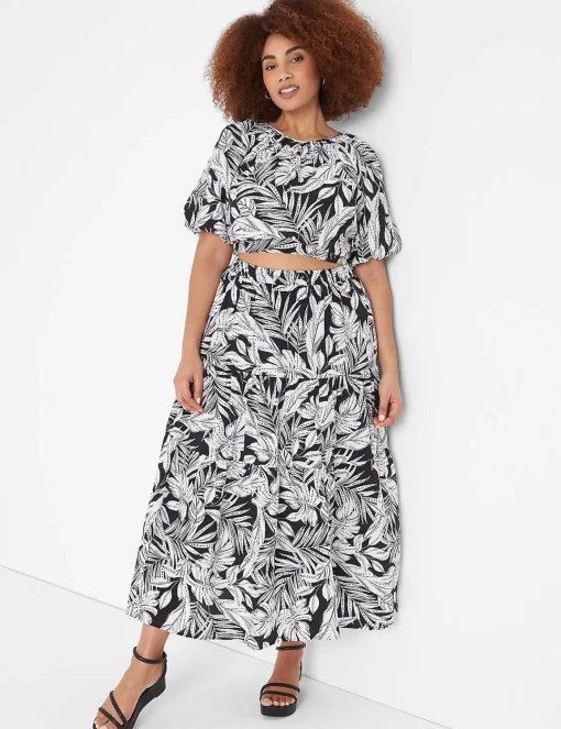 Date Night^Lane Bryant Crop Balloon-Sleeve Top Maui Leaves