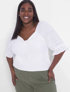 Knit Tops^Lane Bryant Crop Drawcord-Detail Eyelet Top Ivory Rose
