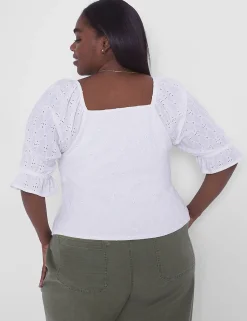 Knit Tops^Lane Bryant Crop Drawcord-Detail Eyelet Top Ivory Rose