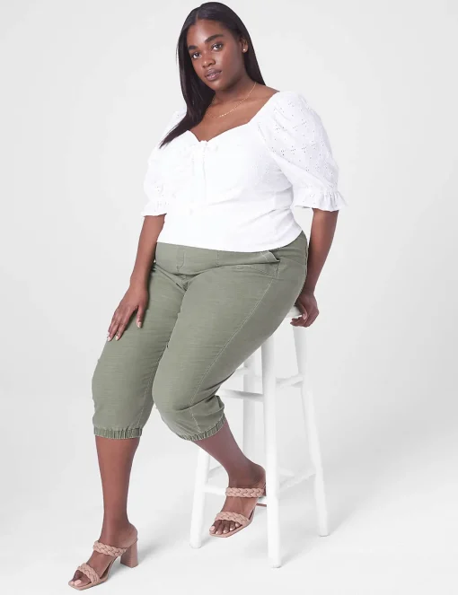 Knit Tops^Lane Bryant Crop Drawcord-Detail Eyelet Top Ivory Rose