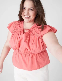 Shirts & Blouses^Lane Bryant Crop Flutter-Sleeve Tie V-Neck Top Sun Kissed Coral