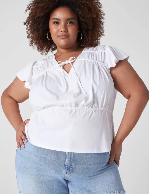 Knit Tops^Lane Bryant Crop Flutter-Sleeve Tie V-Neck Knit Top White