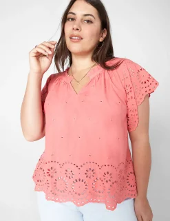 Shirts & Blouses^Lane Bryant Crop Scallop-Hem Ruffle-Neck Top Sun Kissed Coral