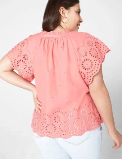 Shirts & Blouses^Lane Bryant Crop Scallop-Hem Ruffle-Neck Top Sun Kissed Coral