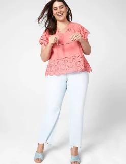 Shirts & Blouses^Lane Bryant Crop Scallop-Hem Ruffle-Neck Top Sun Kissed Coral