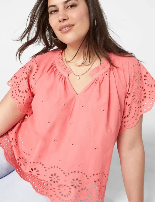 Shirts & Blouses^Lane Bryant Crop Scallop-Hem Ruffle-Neck Top Sun Kissed Coral