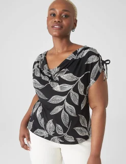Knit Tops^Lane Bryant Drawcord Cap-Sleeve Drape-Neck Top Black Leaf