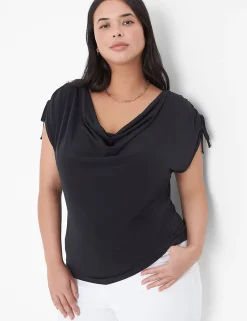 Knit Tops^Lane Bryant Drawcord Cap-Sleeve Drape-Neck Top Black