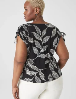 Knit Tops^Lane Bryant Drawcord Cap-Sleeve Drape-Neck Top Black Leaf