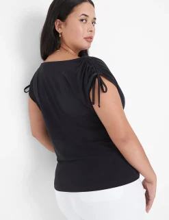 Knit Tops^Lane Bryant Drawcord Cap-Sleeve Drape-Neck Top Black