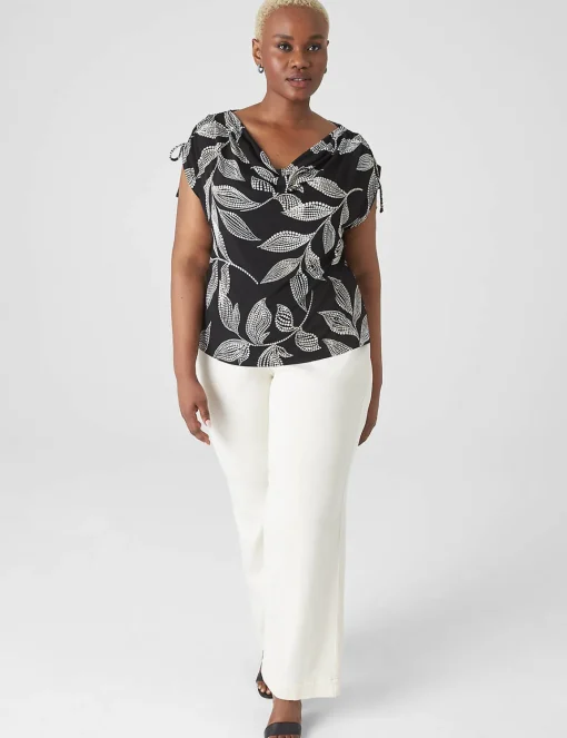 Knit Tops^Lane Bryant Drawcord Cap-Sleeve Drape-Neck Top Black Leaf