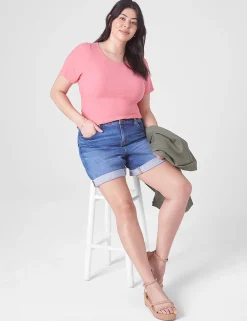 Knit Tops^Lane Bryant Fitted Crop Crew-Neck Rib Tee Sun Kissed Coral