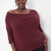 Sweaters^Lane Bryant Fitted Medium-Sleeve Asymmetrical-Neck Pullover Maroon Banner